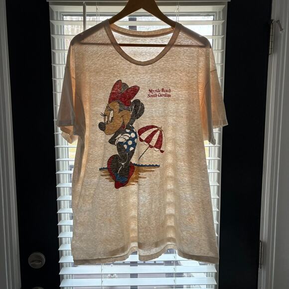 Vintage Paper Thin Distressed Worn Burnout T-Shirt Size XXL Cream Minnie Mouse - Picture 1 of 9